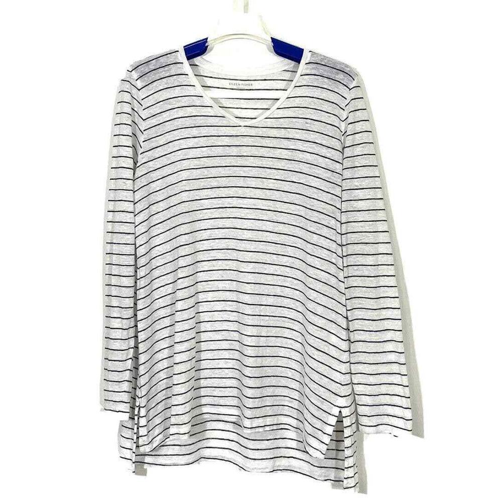 Eileen Fisher Tunic Size Small White Black Striped Organic Linen Long Sleeve